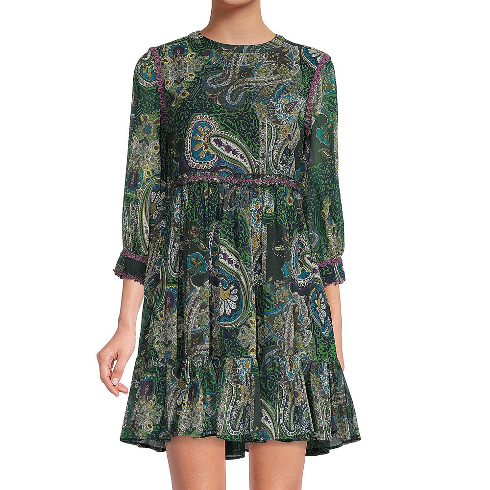 NEW AREA STARS GREEN PIA PAISLEY MINI FIT & FLARE DRESS SIZE LARGE